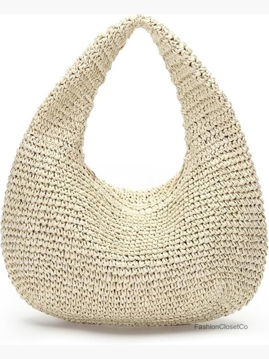 Handbags - Handwoven Crescent Straw Hobo Bag with Top Zip